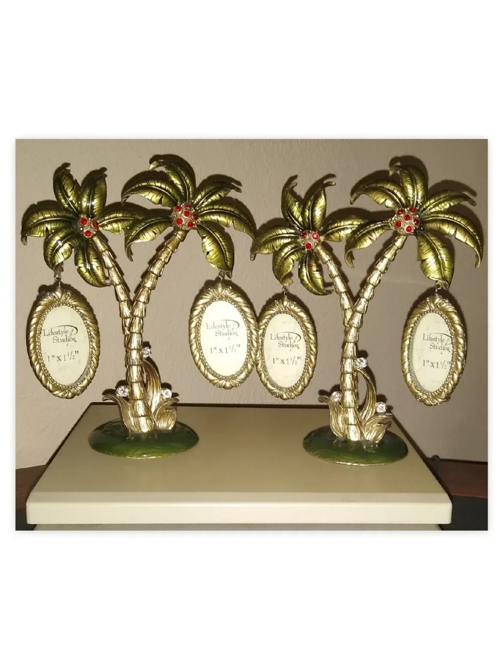 PAIR OF BRASS PALM TREE SCULPTURES W/HANGING RHINESTONE FRAMES
